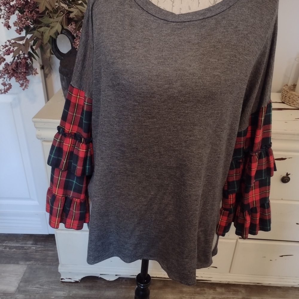 Gray and Red Plaid Sleeve Women's Top